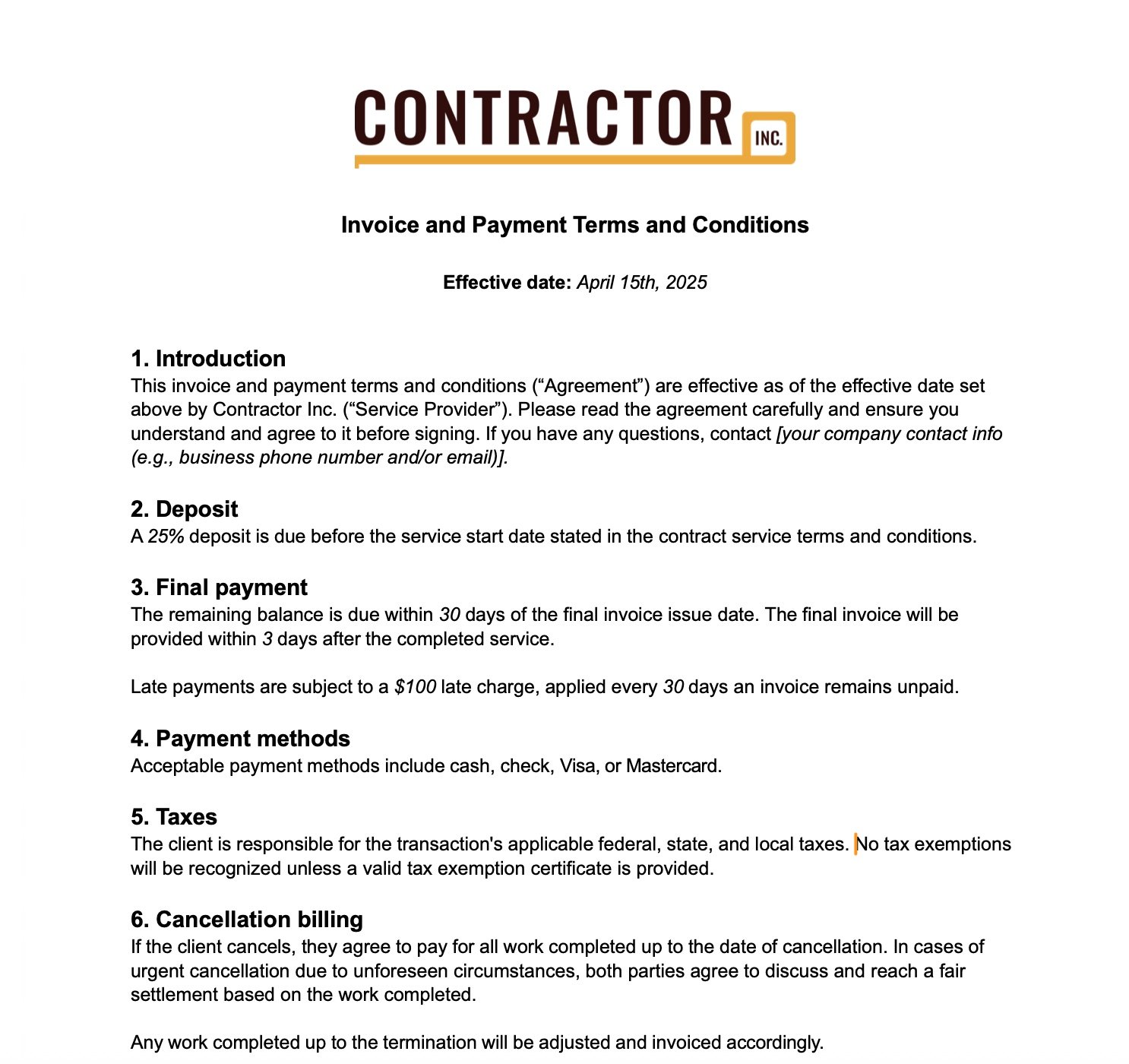 image of invoice terms and conditions example
